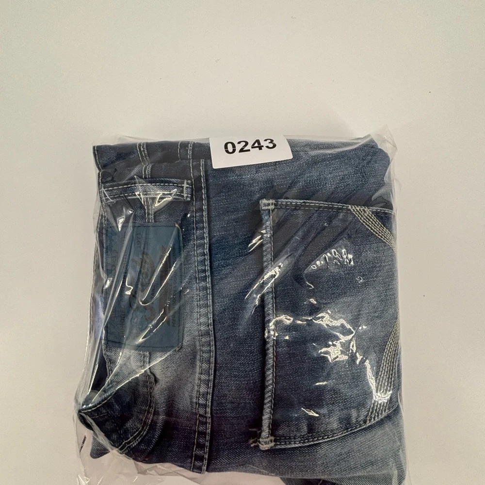 The Fresh Brand JEFF Jeans Mens 34x32 Distressed Straight Blue‎ Denim Camo Lined